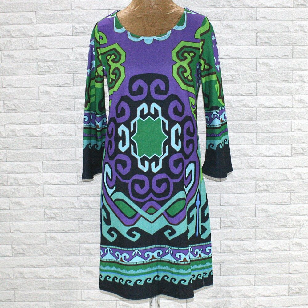 ARYEH Dress Shift Colorful Stretch Greek Key Swirl Mirror Image Purple Small
